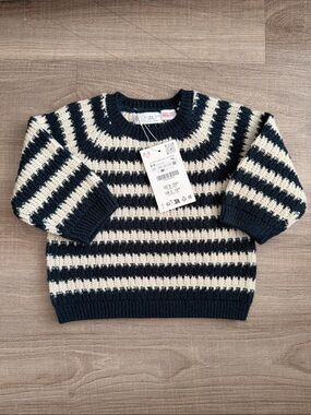 Zara Navy and Cream Striped Knit Sweater